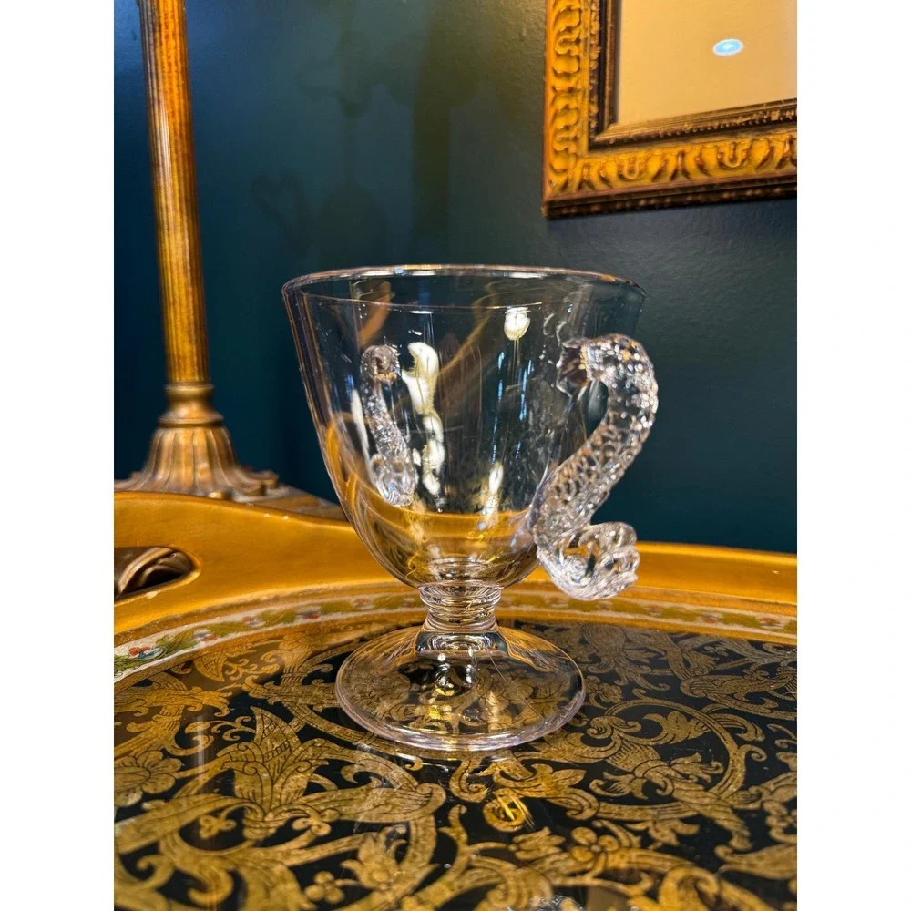 Vintage Glass Pedestal cup with Figural Fish Handles‎